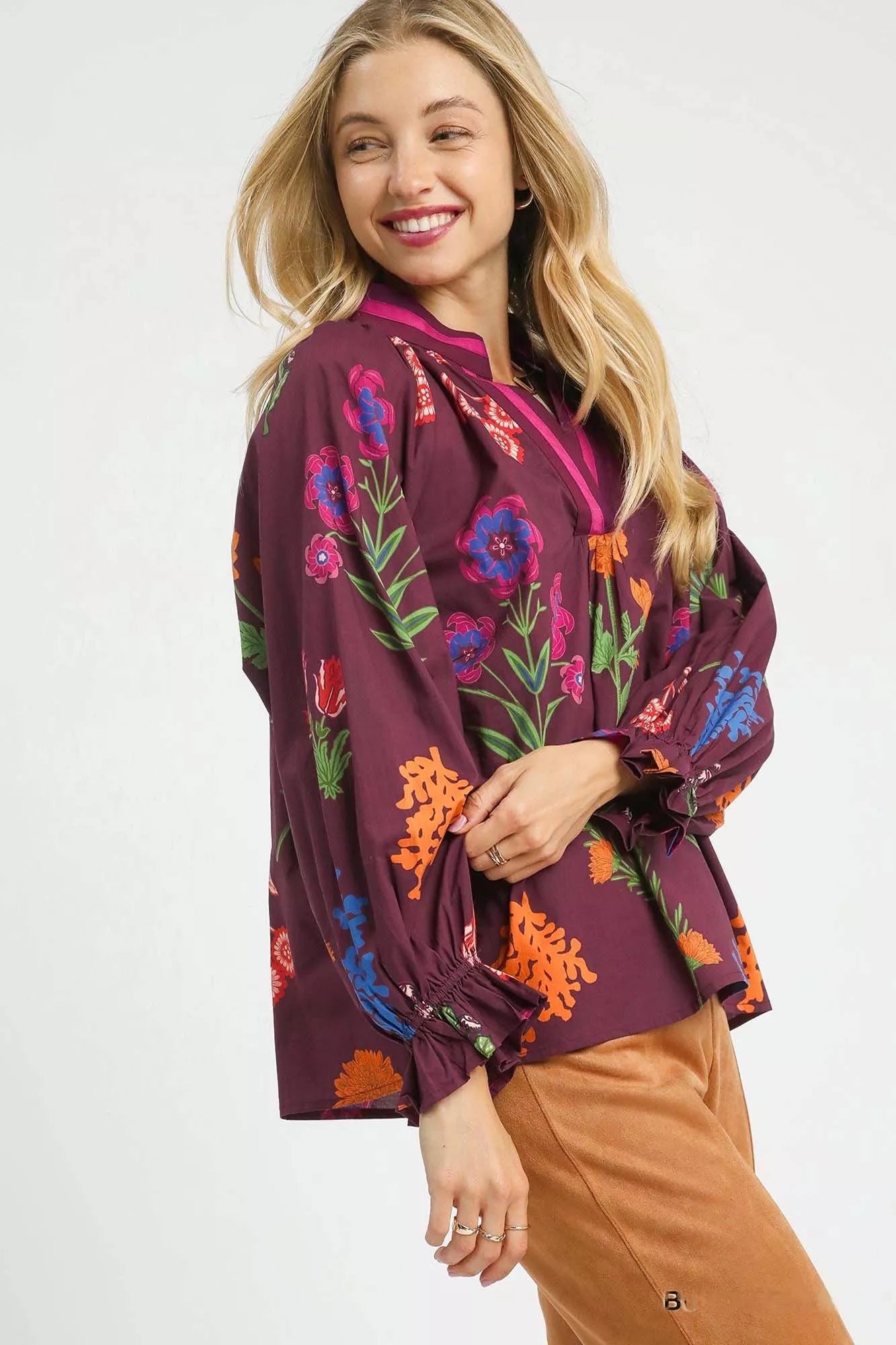 Umgee Womens Blouse Burgundy Mix Floral Print Flounce Long Sleeve Top 01498ddd-850a-41ab-9089-e2e66529c55c-Max-Origin Trendsi