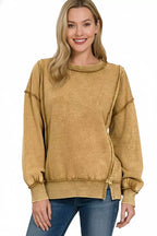 Zenana Womens Sweatshirt Camel Acid Wash French Terry Exposed-Seam 014a0406-16e4-42ec-8b5e-d3e7d4901ece-Max-Origin Trendsi