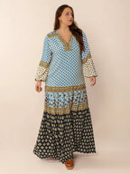 Plus Size Printed V-Neck Balloon Sleeve Maxi Dress