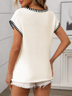 Women's Pullover Short Cap Sleeve Knit Top Contrast Stitch Trim V-Neck 01584c7e-7f75-4d32-a680-e2981d0930f4-Max Trendsi