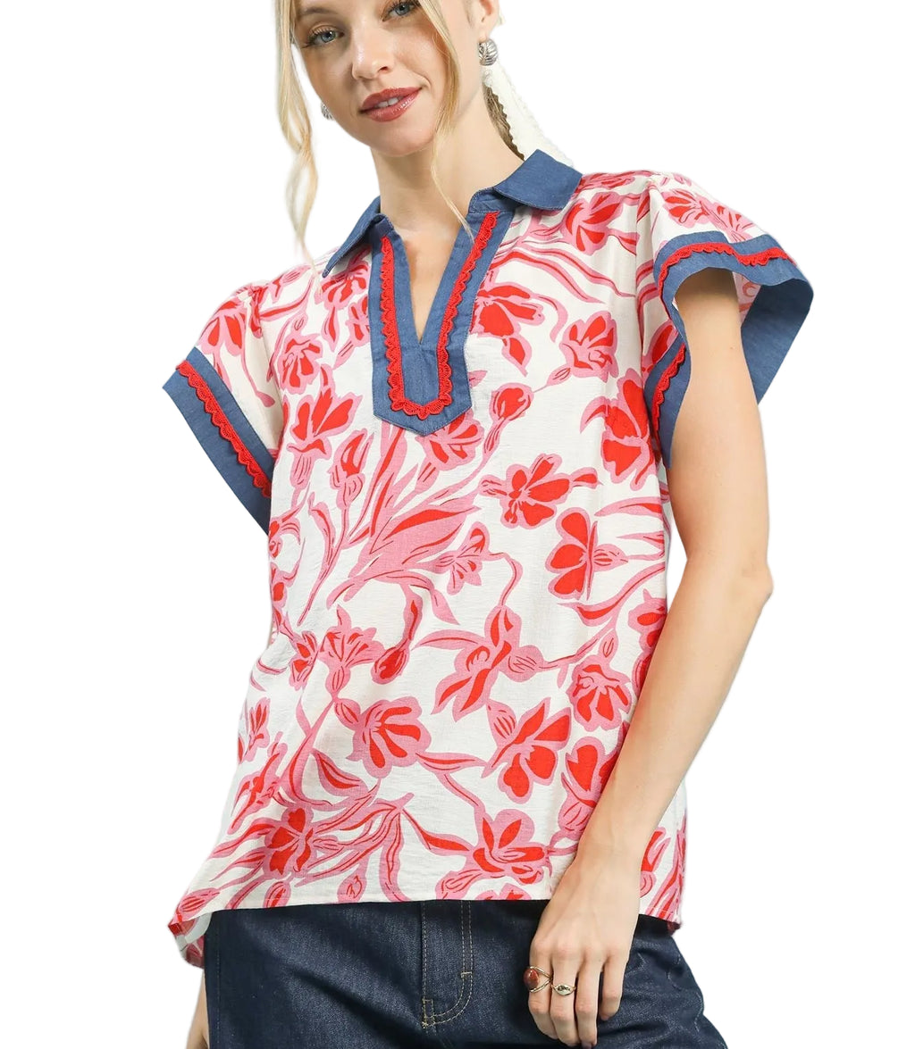 Umgee Floral Split Neck Blouse with Scalloped Trim and Flutter Sleeves