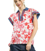 Umgee Floral Split Neck Blouse with Scalloped Trim and Flutter Sleeves