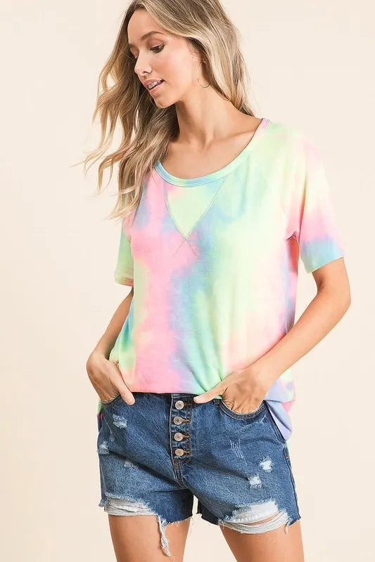 BiBi Women T-shirt Tie Dye Pastel Multi Color French Terry Print Top 016597056fbd471490da8c970275a77a-Max-Origin Trendsi