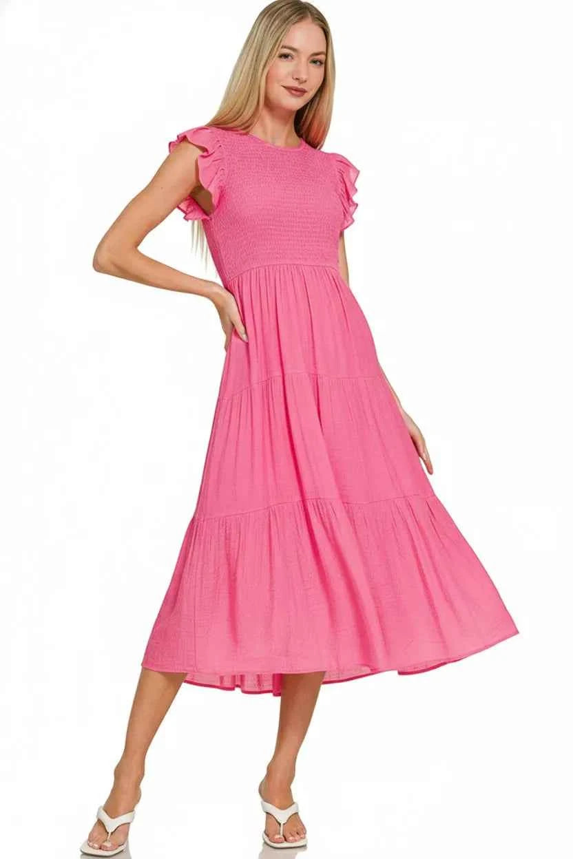 Zenana Midi Dress Fuchsia Pink Woven Smocked Ruffle Short Sleeve 016c3424-644b-400f-8ec4-dd0c4c65a43e-Max-Origin Trendsi