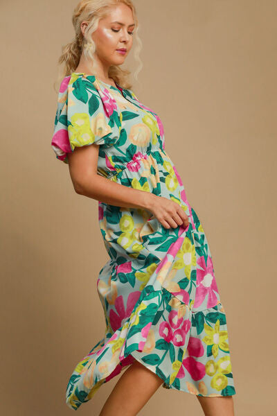 Umgee Midi Dress Plus Size Tiered Floral Print with Puff Short Sleeves Mint Mix 016d8f02-c5cc-4aa1-8af8-a66ff6e330a2-Min Trendsi