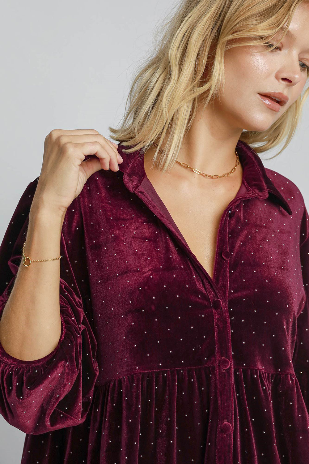 Umgee Shirt Blouse Women Burgundy Velvet Polka Dot Button Up Half Sleeve 0173c0e4-d98b-4afd-89e5-e2c69a6d1059-Max Trendsi
