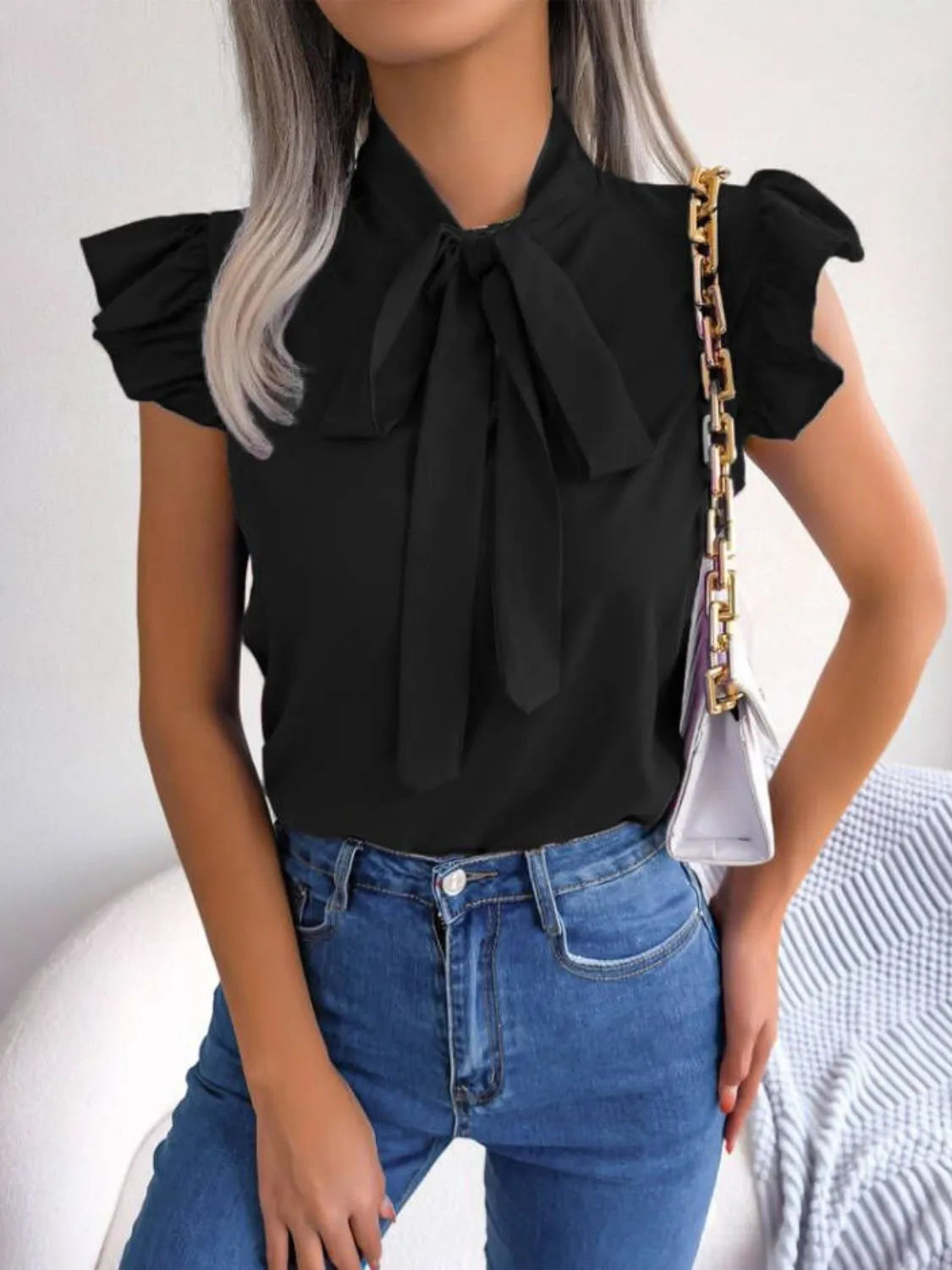 Women's Blouse Bow Tie Neck Ruffle Cap Short Sleeve Top Black 017cbe4a-9afb-4651-af92-1c6dec58e03d-Max-Origin Trendsi