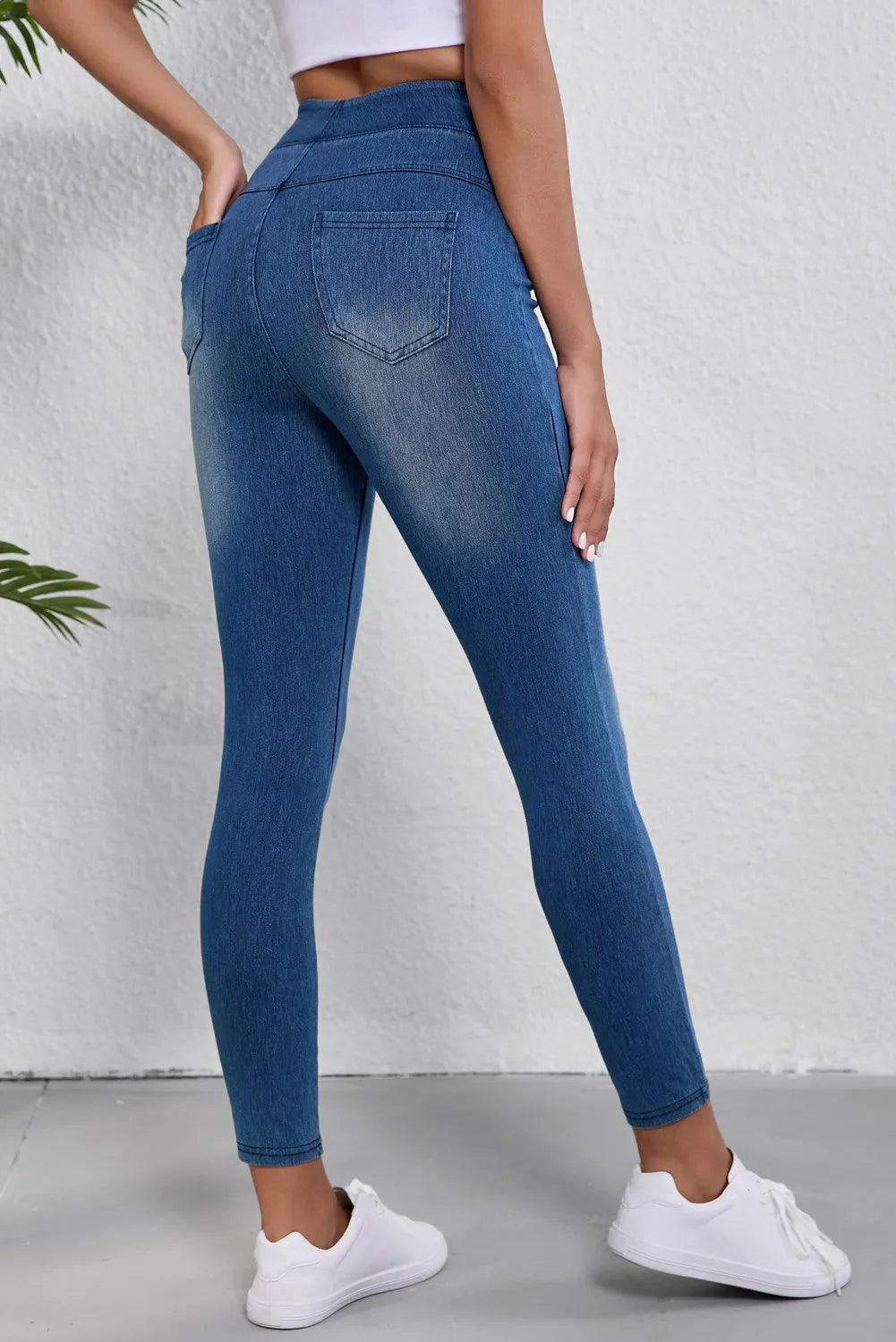 Skinny Jeans High Waist Slimming Blue Denim Pocketed Leggings 018922b0-10ff-418b-9320-d2040af33322-Max Trendsi