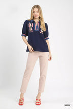 Umgee Blouse Navy Blue Embroidered Puff Sleeve Contrast Trim Top 01931265-74d0-468f-99ab-2b0b3e949740-Max-Origin Trendsi