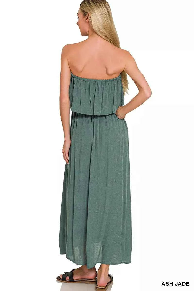 Zenana Woven Crinkle Strapless Maxi Dress