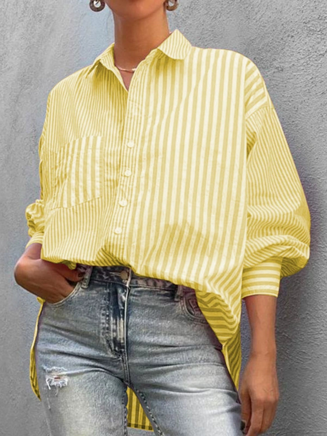 Women's Striped Shirt Button Down Long Sleeve Pink Pocketed Blouse Top Light Yellow 01a460ab-99e4-4fe3-a26e-c08681a838eb-Max Trendsi