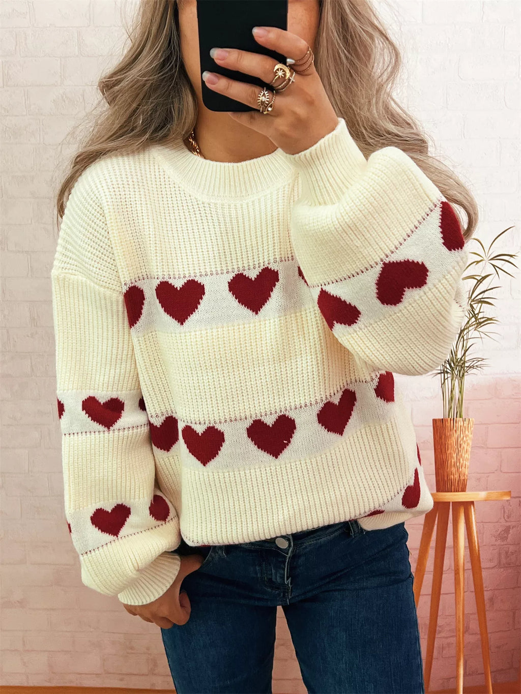 Women's Sweater Heart Pattern Dropped Shoulder Long Sleeve Puulover 01a522c499a249559684993f41465187-Max-Origin Trendsi