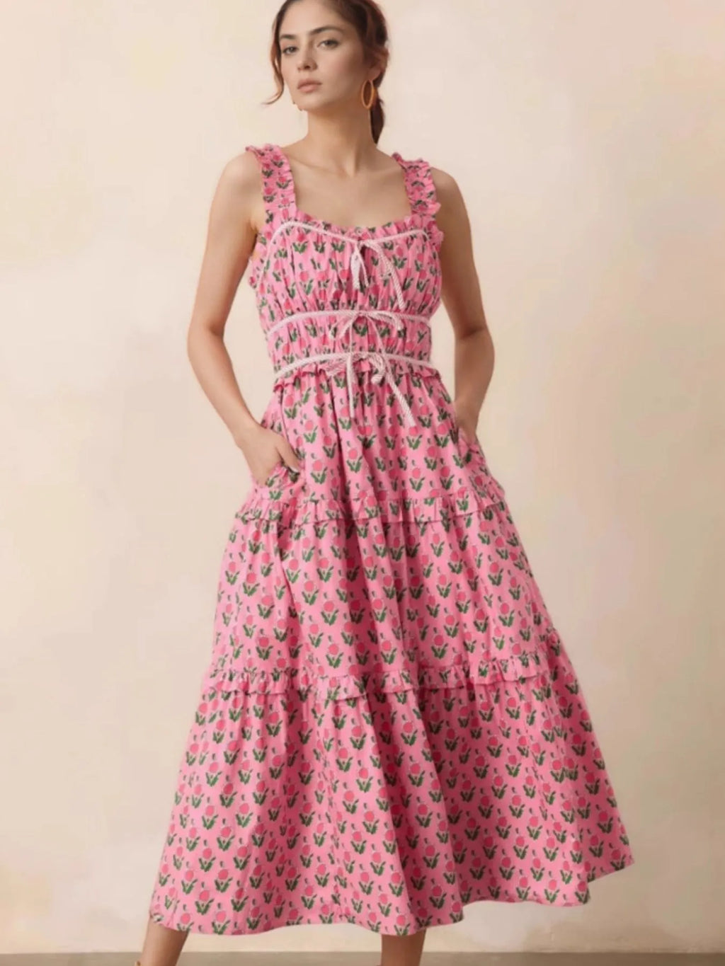 Floral Midi Dress Pink Print Ruffled Straps with Pockets Pink 01a5aec9-53ac-42f9-9e02-72cb4636445b-Max-Origin Trendsi