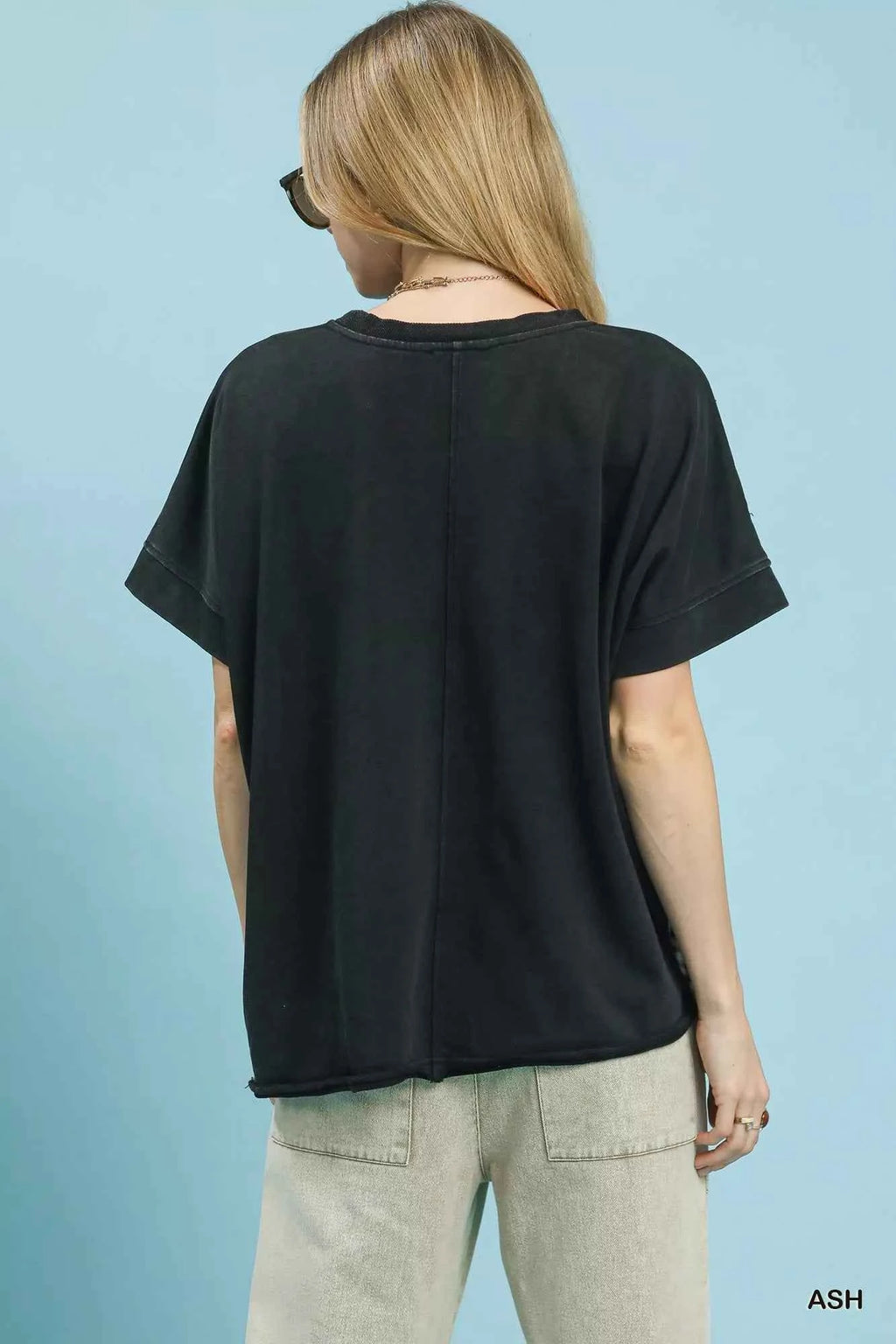 Umgee Blouse Ash Black Mineral Wash Flower Patch French Terry Top Short Sleeve 01abdd82-1e0c-4aab-8d18-e7306cdc40de-Max-Origin Trendsi
