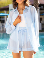 Sheer Buttoned Shirt and Drawstring Shorts Two-Piece Set
