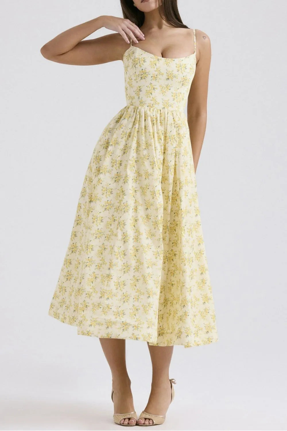 Floral Midi Dress Spaghetti Strap Ruched Zipper High Waisted Pastel Yellow 01b00c8e-8250-4864-9744-78c092975af1-Max-Origin Trendsi