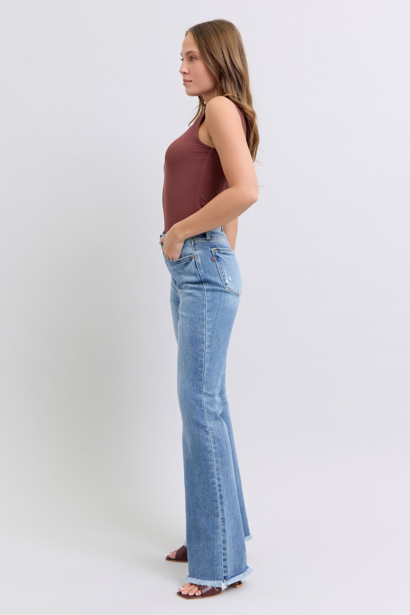 Judy Blue Women Jeans Raw Hem Women High Rise Bootcut Medium Wash Denim