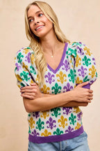 BiBi Women V Neck Knit Top Mardi Gras Fleur De Lis Patterned Short Sleeve 01b2bc6872d142a89f5095314bbb47de-Max-Origin Trendsi