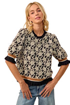 BiBi Women Knit Top Textured Rose Black Gray Contrast Banded Puff Sleeve BLACK LTGREY 01b44f7b-296f-4a67-bbb0-55d077c82ccd-Max-Origin Trendsi