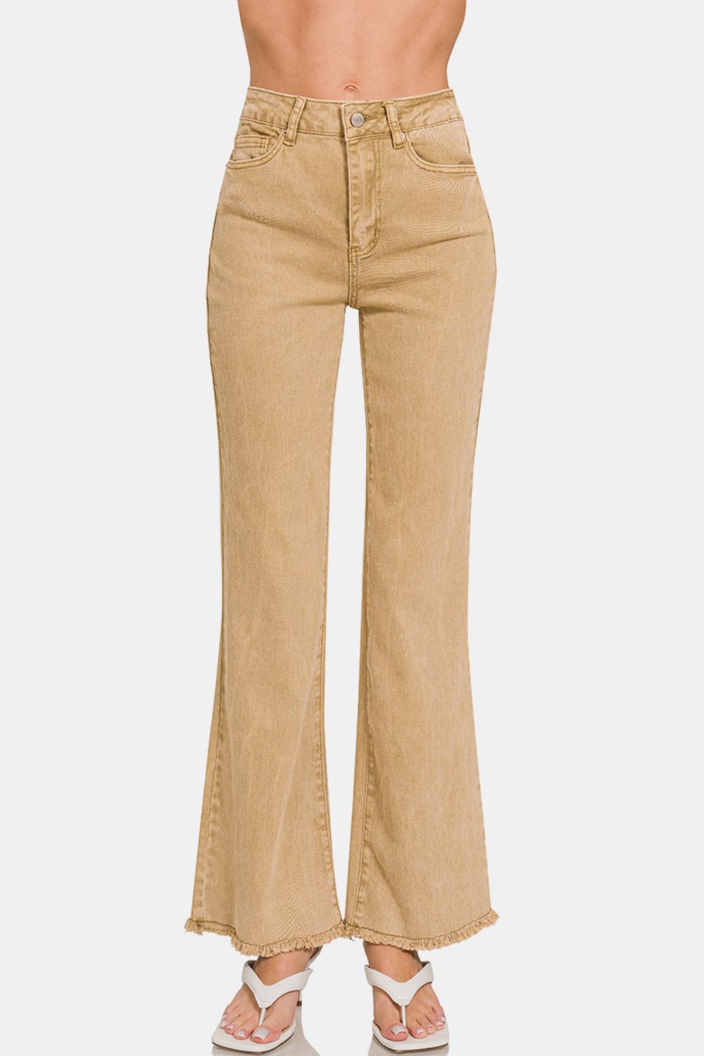 Zenana Bootcut Jeans Women Light Camel Acid Washed Frayed Hem Pants