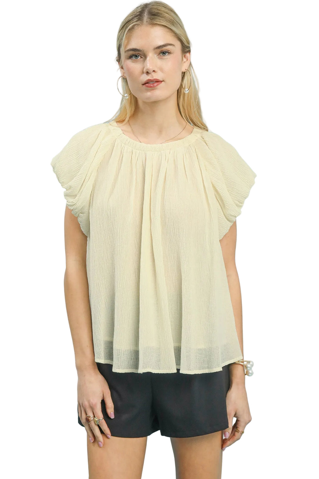 Umgee Crinkle Flutter Sleeve Peasant Top