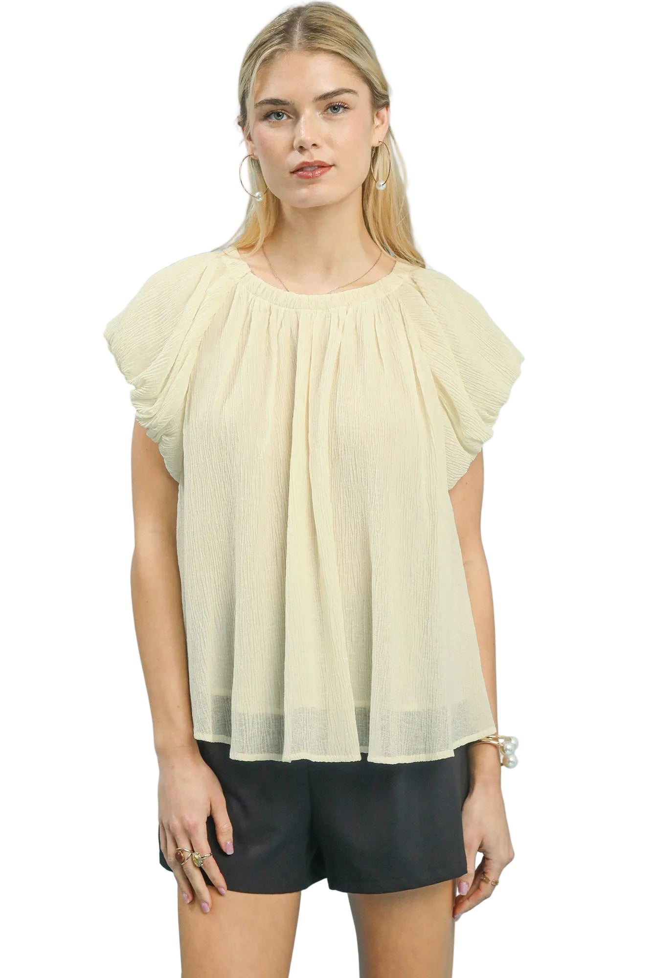 Umgee Crinkle Flutter Sleeve Peasant Top
