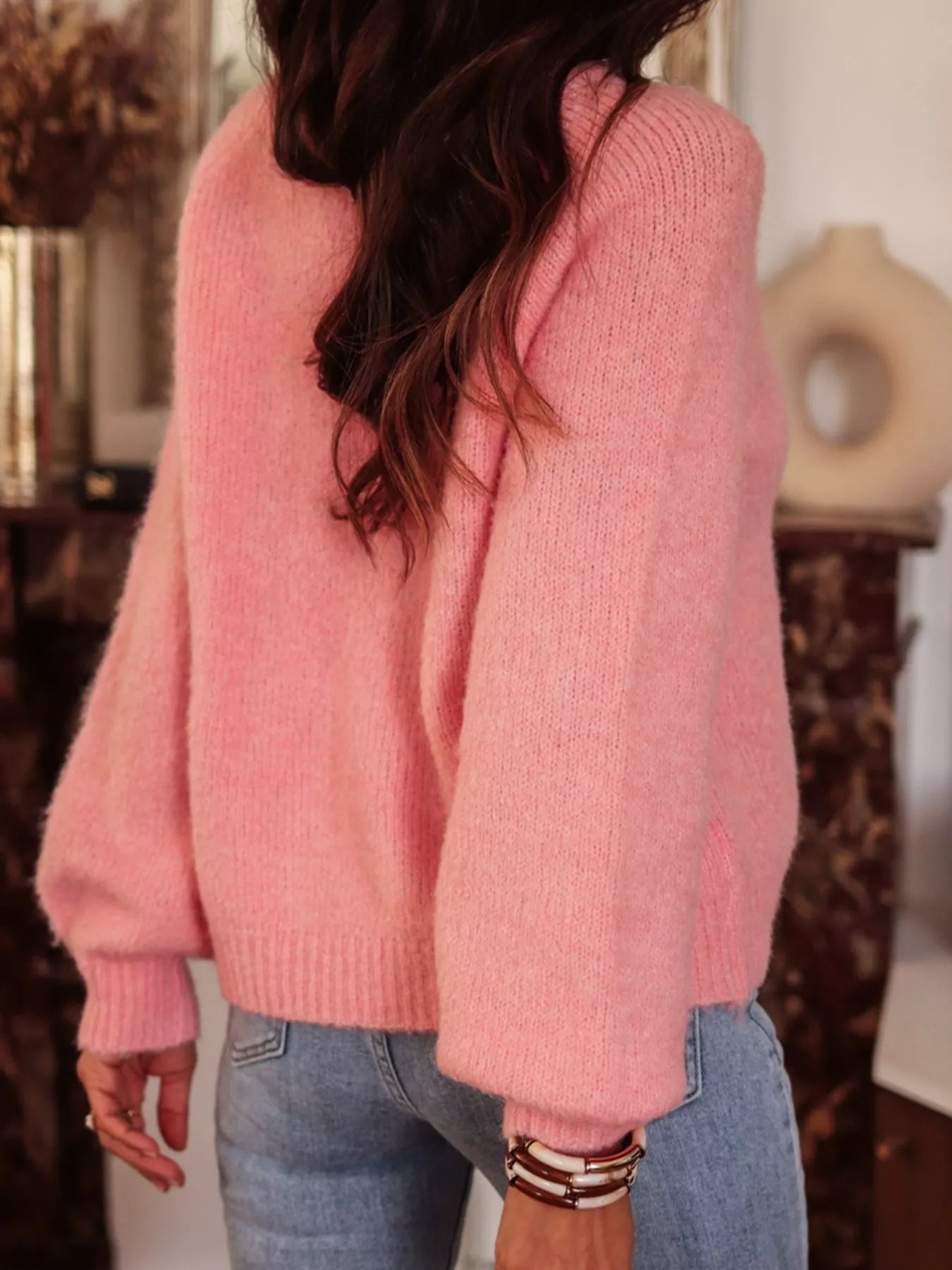 Women's Sweater Button Detail Shoulder Ribbed Hem Dusty Pink Knit Pullover 01c47a0bb1e14e8486d8caf57de80195-Max-Origin Trendsi