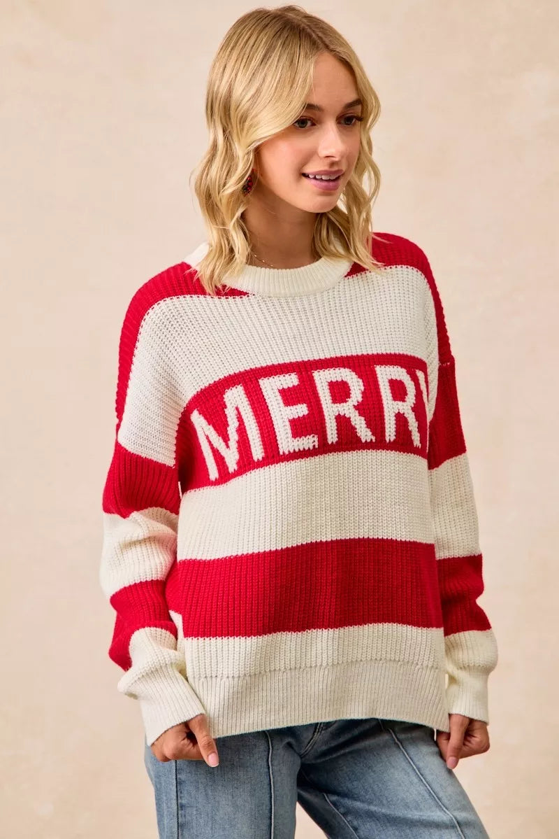 BiBi Christmas Women's Sweater Ivory Red Stripe Merry Lettering Oversized 01c5ce6199a54127b2fc7fc388b9881d-Max-Origin Trendsi
