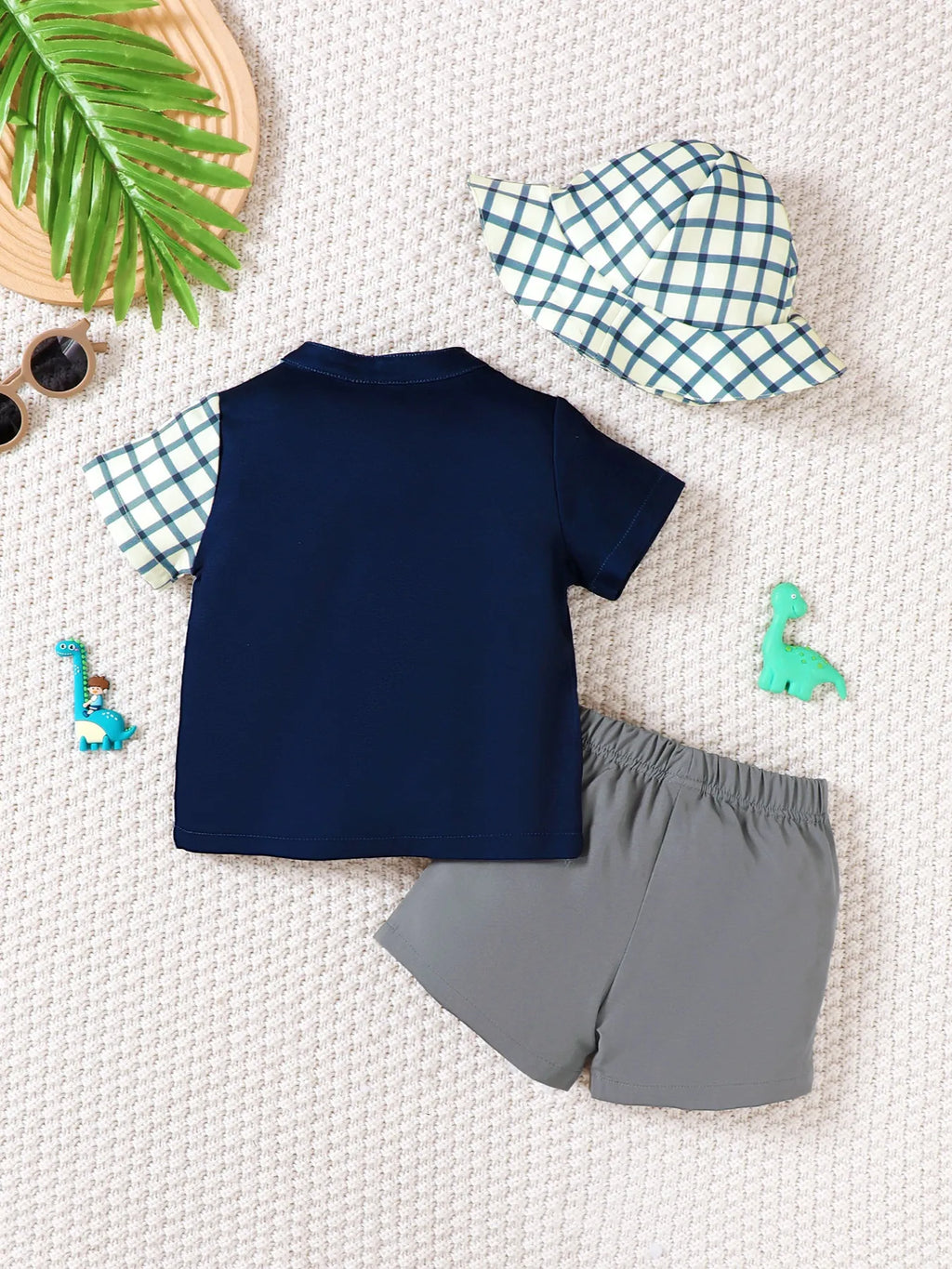 Baby Boy Set Navy Blue Hat Dinosaur Plaid Button Up Top and Shorts 3-Piece 01d5efa2-cccd-4ac7-816e-2efacc306820-Max-Origin Trendsi