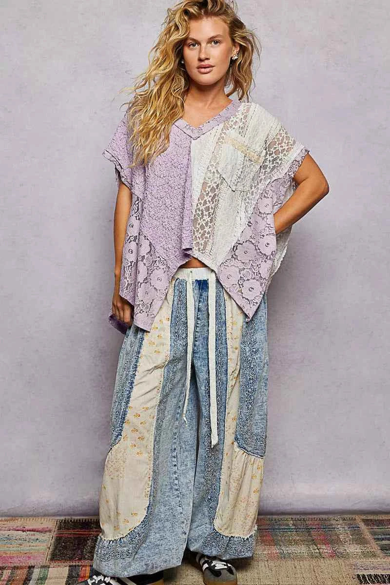 POL Asymmetrical V-Neck Short Sleeve Lace Top