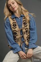 Umgee Womens Vest Sherpa Tie-Front Ecru Mix Geometric Patterned Pocketed 01e35dbe-5dd9-4f9e-bdaa-9462d1639db6-Max-Origin Trendsi