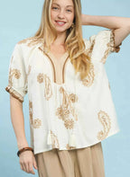 Umgee Blouse Paisley Embroidered Latte Short Puff Sleeve Top LATTE 01e7303f-7d6e-45b7-a487-ee5badd1647d-Max-Origin Trendsi