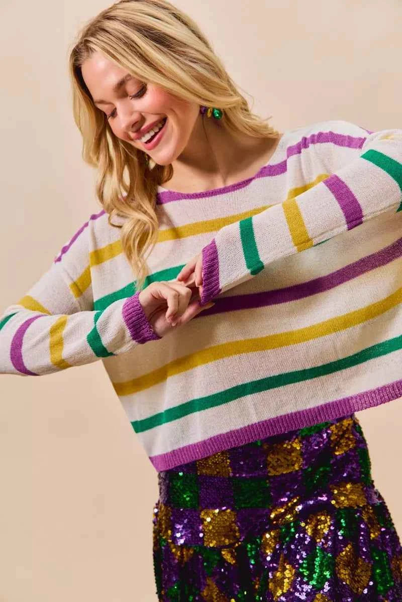SO ME Mardi Gras Color Stripe Lightweight Sweater Top