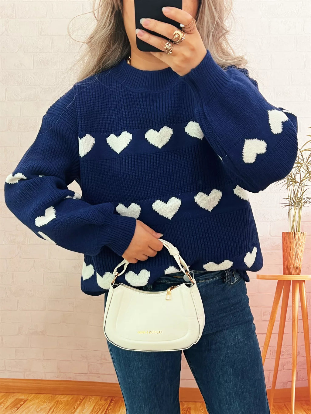 Women's Sweater Heart Pattern Dropped Shoulder Long Sleeve Puulover Navy One Size 01ef22d90f684cfc9a5a89cfe0f0ed5f-Max-Origin Trendsi
