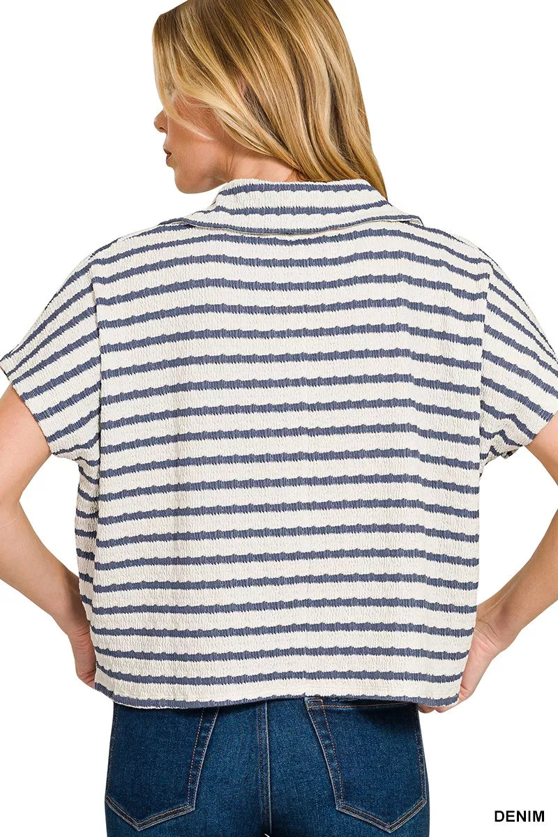 Zenana Blouse Blue Striped Split Neck Collared Top Short Sleeve 01f11e8a8bf848e89436102bd57dd021-Max-Origin Trendsi