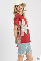 Umgee T-shirt Red Flower Patch Mineral Wash French Terry Top Short Sleeve 01fae613-17b8-4026-bbd8-5752e5a3b865-Max-Origin Trendsi