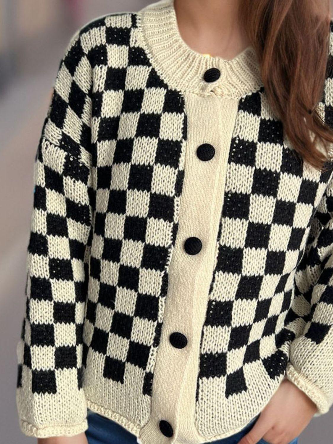 Checkered Cardigan Oversized Women Single Breasted Round Neck Soft One Size