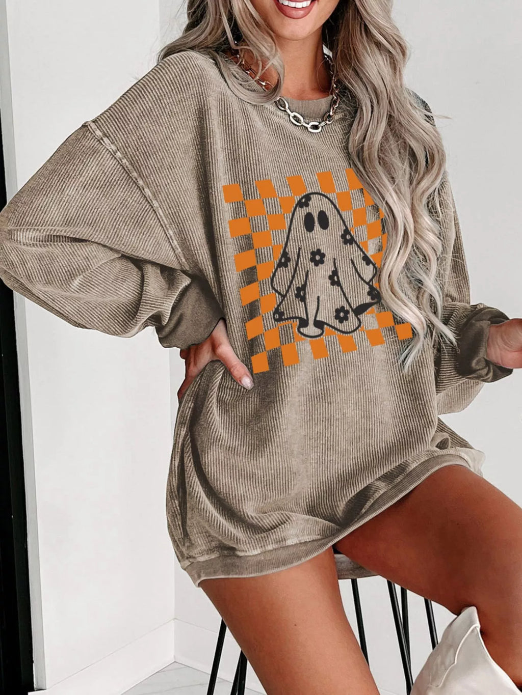 Halloween Women's Sweatshirt Khaki Checkerboard Floral Ghost Graphic Corded Khaki 02056464-5ac5-46f9-95ce-cea74392eae5-Max-Origin Trendsi
