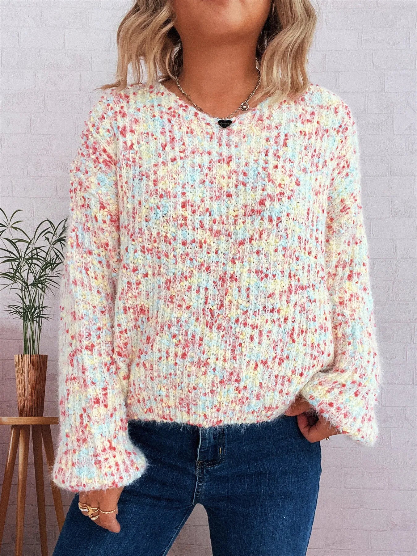 Women's Sweater Colorful Knit Oversized Long Sleeve Pullover White One Size 0207367d23bc42d794e550b99b0b1db1-Max-Origin Trendsi