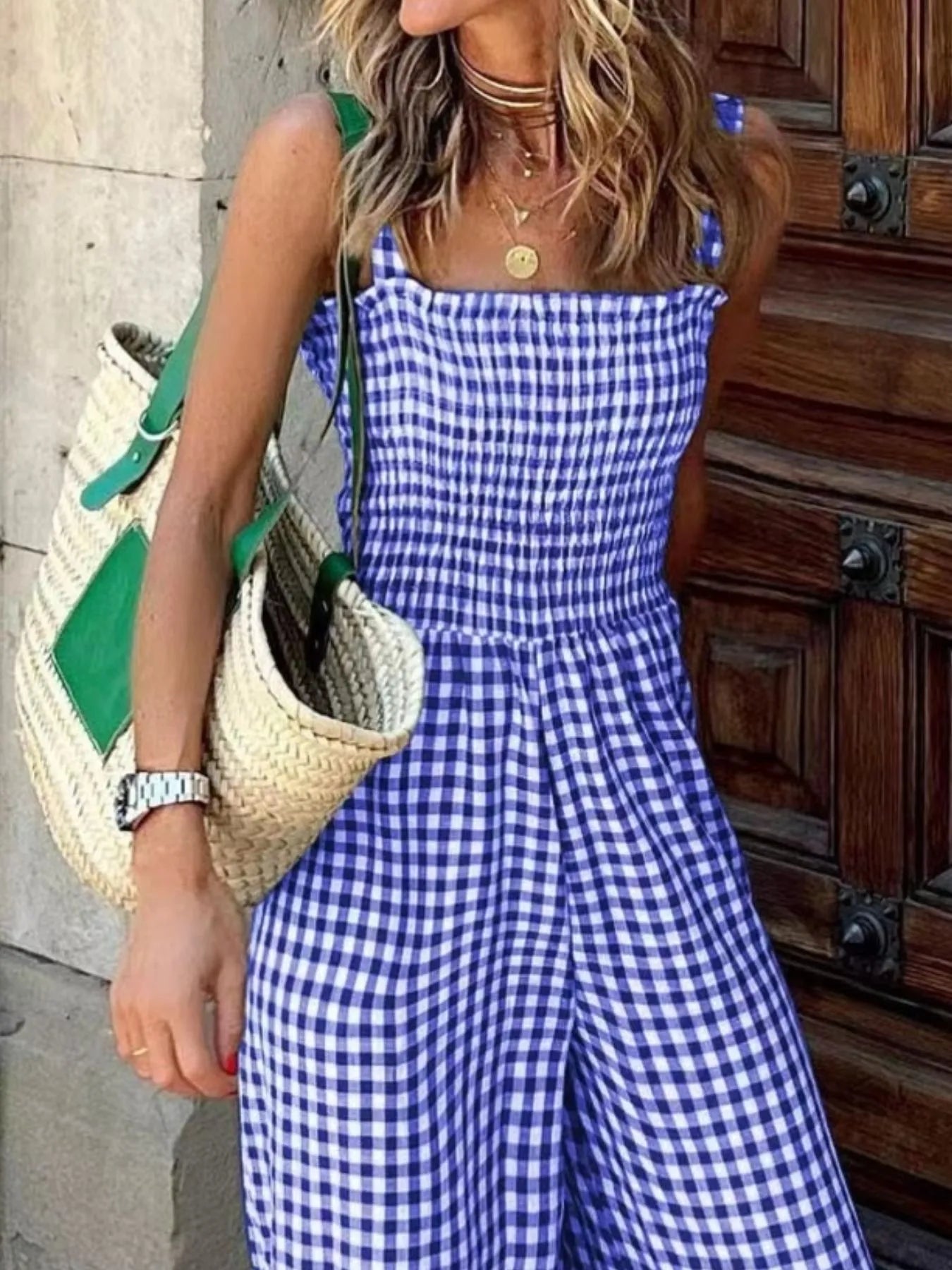 Women's Jumpsuit Gingham Plaid Smocked High Waist Wide-Leg Overall 020ab023-b533-49dc-bdec-d65e99f5bf3a-Max-Origin Trendsi