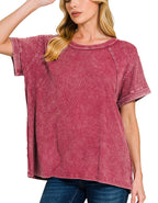 Zenana Washed Ribbed Short Sleeve Top with Cuffed Sleeves and Round Neck