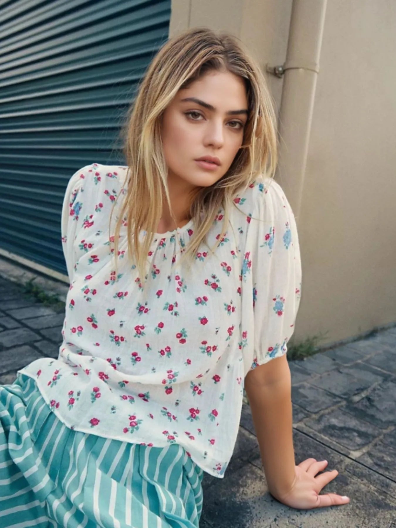 Women's Blouse Floral Puff Short Sleeve Bow Back Backless Top White 020d13e8-2a86-4819-bebf-95852c77cfb4-Max-Origin Trendsi