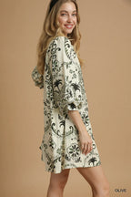Umgee Mini Dress Boho Olive Printed Balloon 3/4 Sleeve 0214e456-45c1-4bb0-9a4b-82af51f30fd6-Max-Origin Trendsi