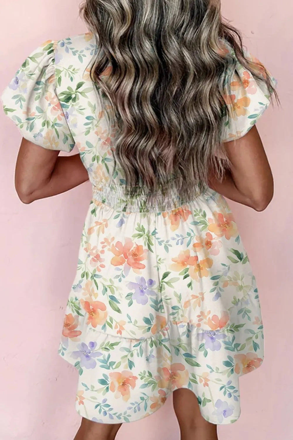 Floral Mini Dress Cotton Frill Notched Puff Short Sleeve Hight Waisted 021cea81-1abc-4cb3-ba15-11cda51f7f97-Max-Origin Trendsi