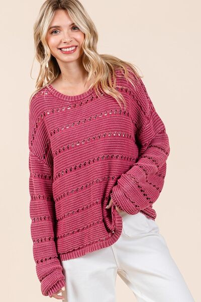Mittoshop Openwork Sweater Round Neck Drop Shoulder Long Sleeve 0235d0cb-a70a-4acd-8212-7c6b6b30f826-Min Trendsi