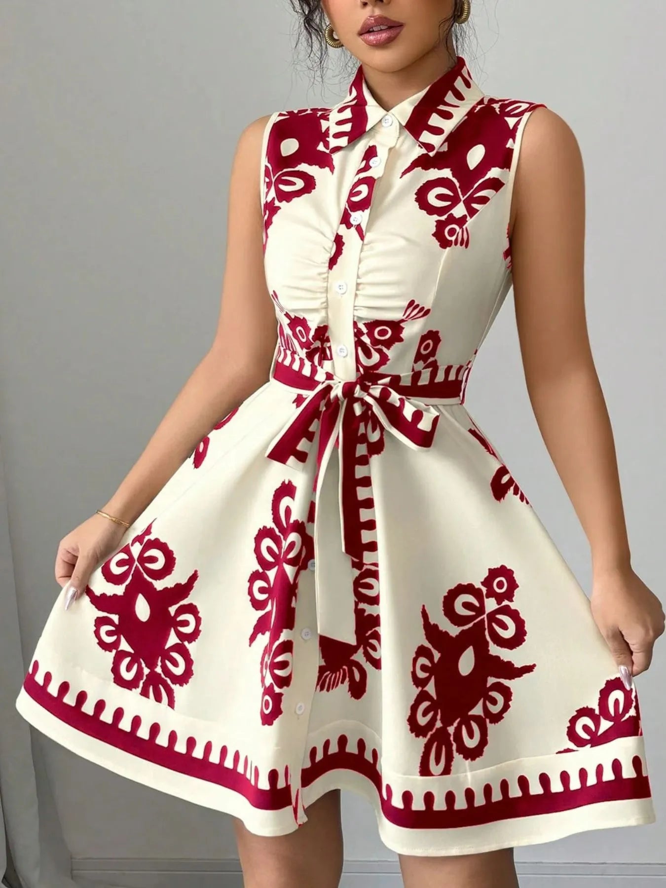 Mini Shirt Dress Printed Sleeveless Bow Tie Waist Buttoned A-Line S-2XL Red 023ab884-59a3-41e0-8712-dc572180a7d2-Max-Origin Trendsi