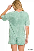 Zenana Tracksuit Set Halo Snow Washed Green Short Sleeve Tee and Shorts 0241cea6-74be-488d-a239-5e757db9c041-Max-Origin Trendsi