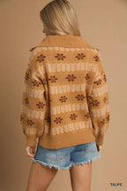 Umgee Womens Sweater Floral Patterned Jacquard Taupe Quarter-Zip Pullover 0247b5d8-454e-48f8-b6b8-417112627aa8-Max-Origin Trendsi