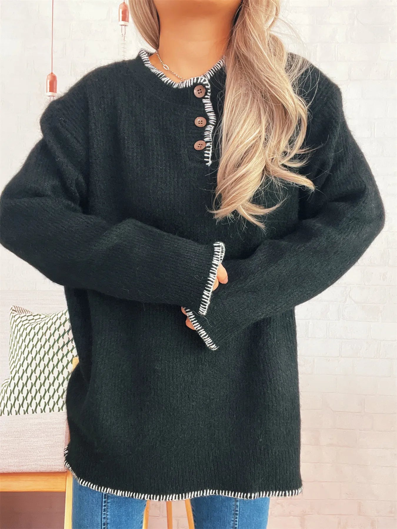 Women's Sweater Ribbed Knit Button Detail Long Sleeve Oversized Pullover 024c8d72a1f14d3c929f98d08abf656a-Max-Origin Trendsi