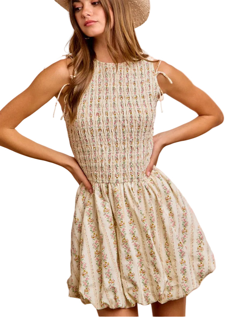 BiBi Floral Bow Tie Attachable Puff Sleeves Dress